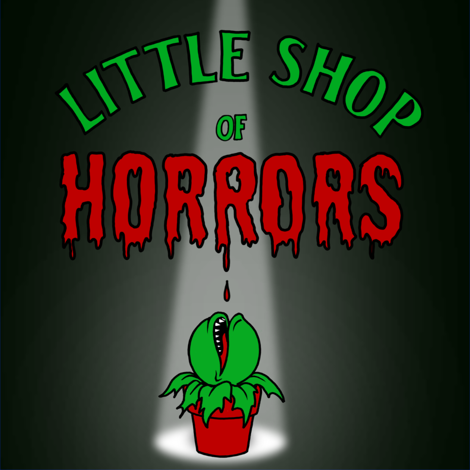 Show poster for Little Shop of Horrors, consisting of the title and a carnivorous plant in a spotlight